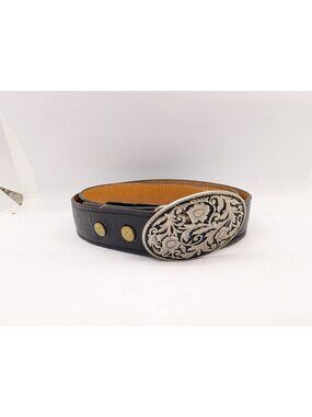 Vtg Celebration Texas Belt Child size 29" Black leather with floral buckle 46005